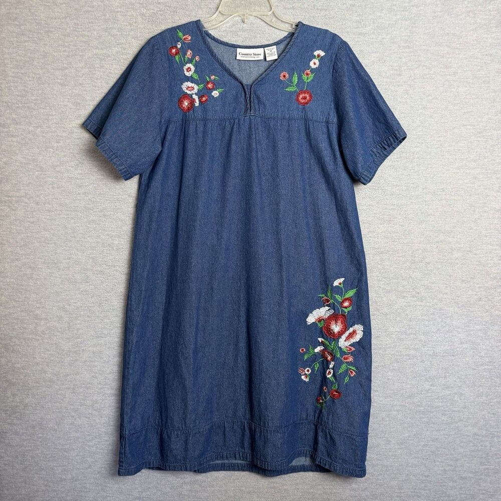 Country Store Floral Embroidered Denim Dress Size M Prairie Cottage Western Boho